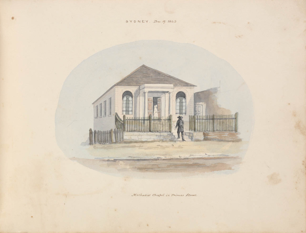 First Wesleyan Chapel, Princes Street Chapel, The Rocks, Methodist, St. John's Cemetery Project, Old Parramattans, Reverend Samuel Leigh, Catherine Leigh, E. T. Blacket, Sketch
